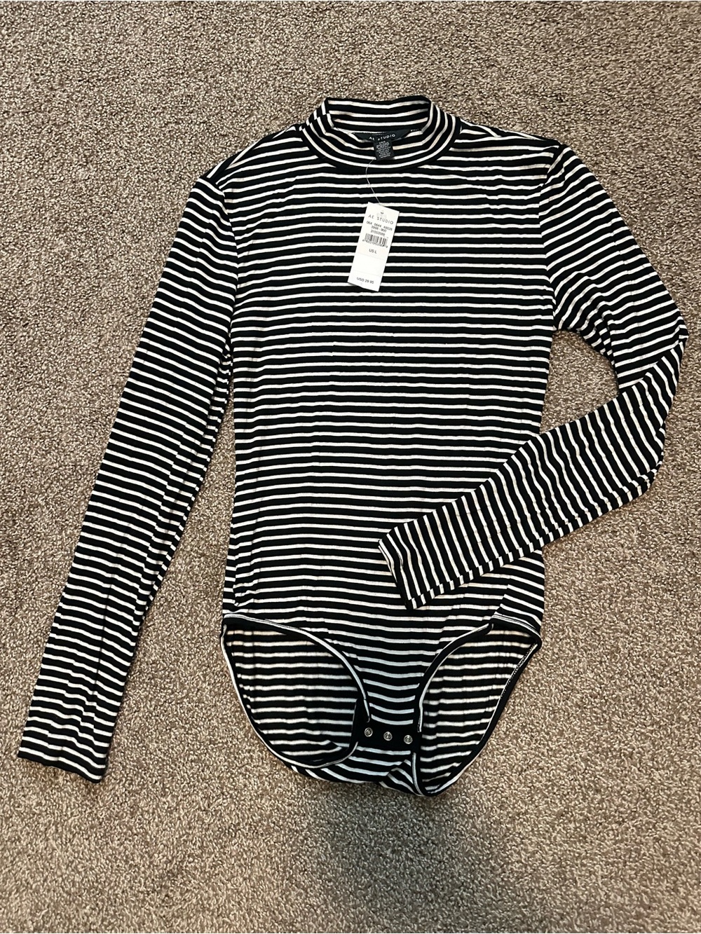AE Studio Black & White Striped Mock Neck Bodysuit Size L NWT